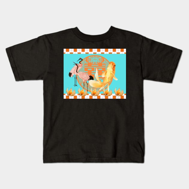 Goldfish & Cranes- Hong Kong Pop Art Bright Orange and Turquoise Kids T-Shirt by CRAFTY BITCH